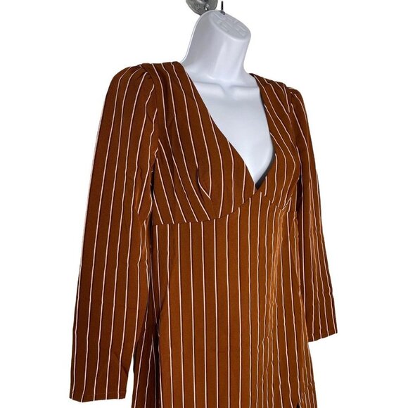 Privacy Please Woman's Curtis Mini Dress Brown Stripes Front Slit V-Neck SZ XXS‎ - Picture 4 of 9